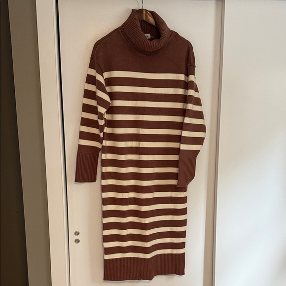 Striped Brown and Cream Turtleneck Dress - Picture 2 of 7
